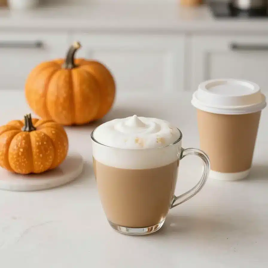 A homemade pumpkin spice latte in a clear glass mug topped with whipped cream and cinnamon on a rustic table