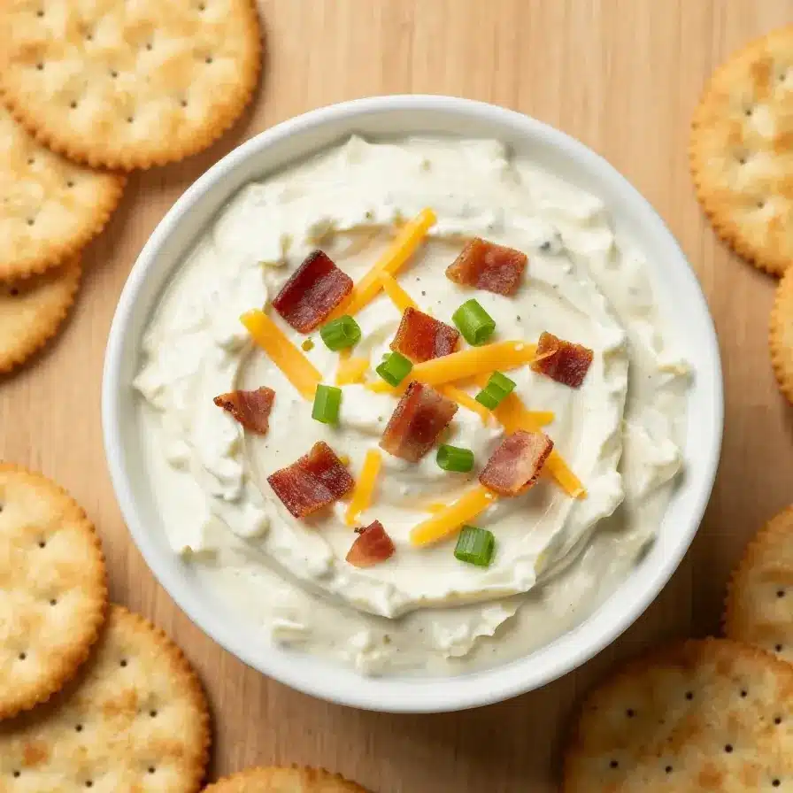 Crack Dip 5 A creamy crack dip served in a bowl with crackers arranged around it on a wooden table