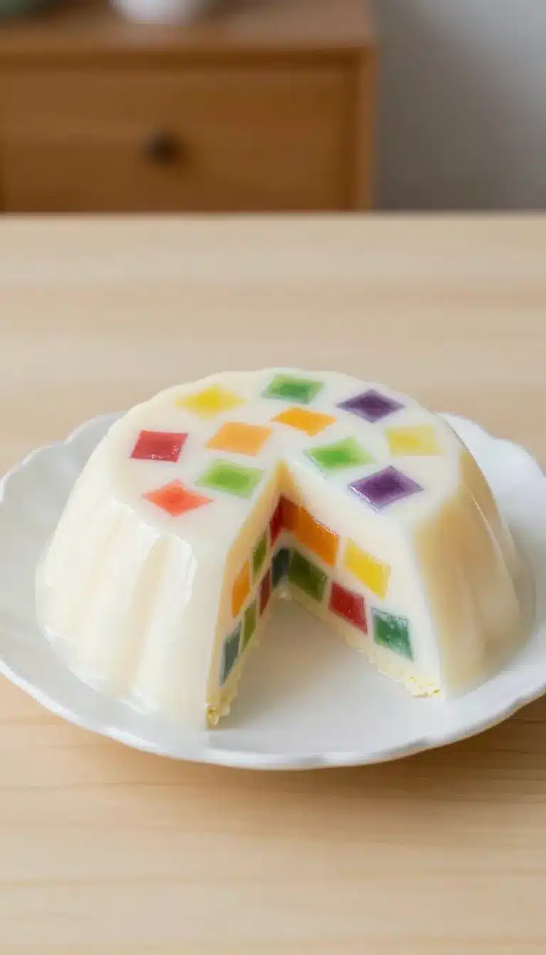 Gelatina Mosaico 9 Colorful mosaic gelatin dessert with cubes of fruit-flavored jelly in a creamy base, served on a white plate