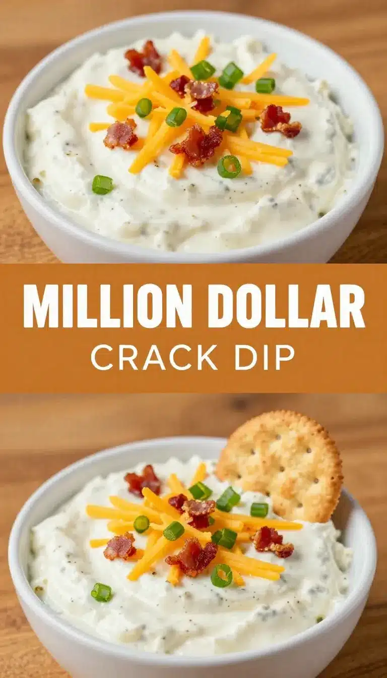 Crack Dip 9 A creamy crack dip served in a bowl with crackers arranged around it on a wooden table
