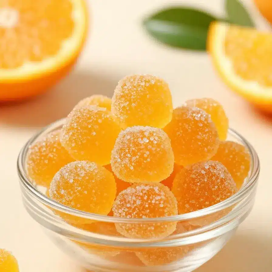 Homemade healthy orange gummies made with natural juice, arranged on a small plate with fresh orange slices nearby.