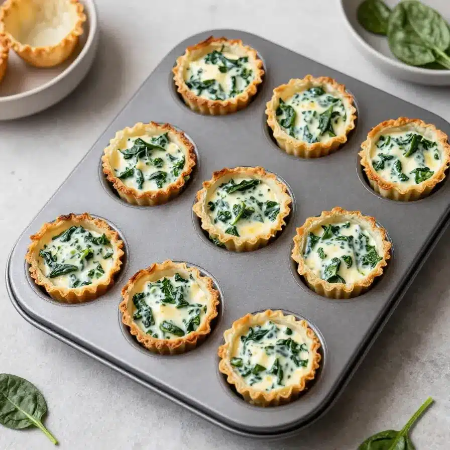 Spinach & Artichoke Wonton Cups 5 Golden baked wonton cups filled with creamy spinach and artichoke dip on a serving platter
