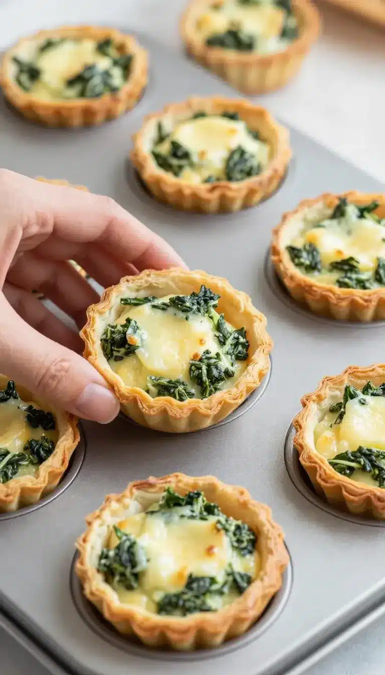 Spinach & Artichoke Wonton Cups 9 Golden baked wonton cups filled with creamy spinach and artichoke dip on a serving platter