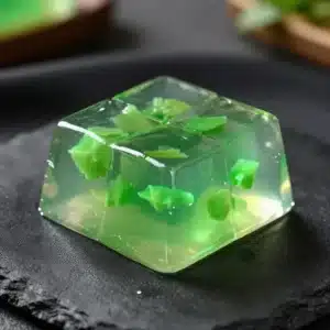 A translucent edible gelatinous cube dessert with layered colors and a glossy surface on a white plate.