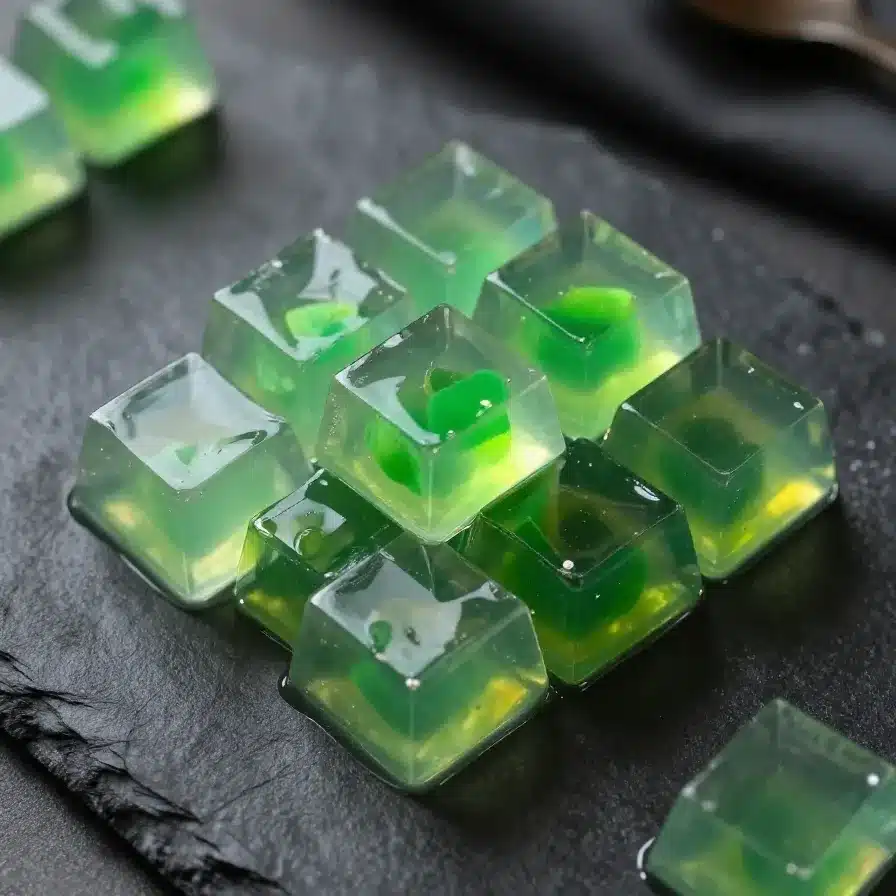Edible Gelatinous Cube 5 A translucent edible gelatinous cube dessert with layered colors and a glossy surface on a white plate.