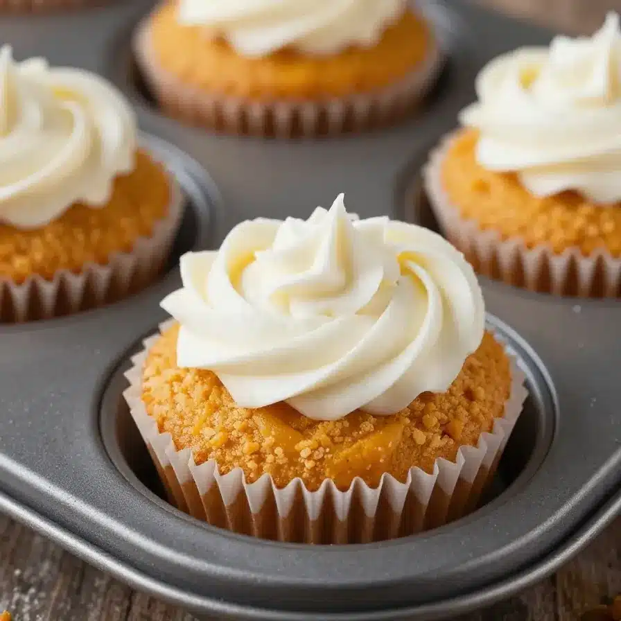 Homemade Starbucks-style pumpkin cream cheese muffins topped with a creamy swirl and baked until golden brown