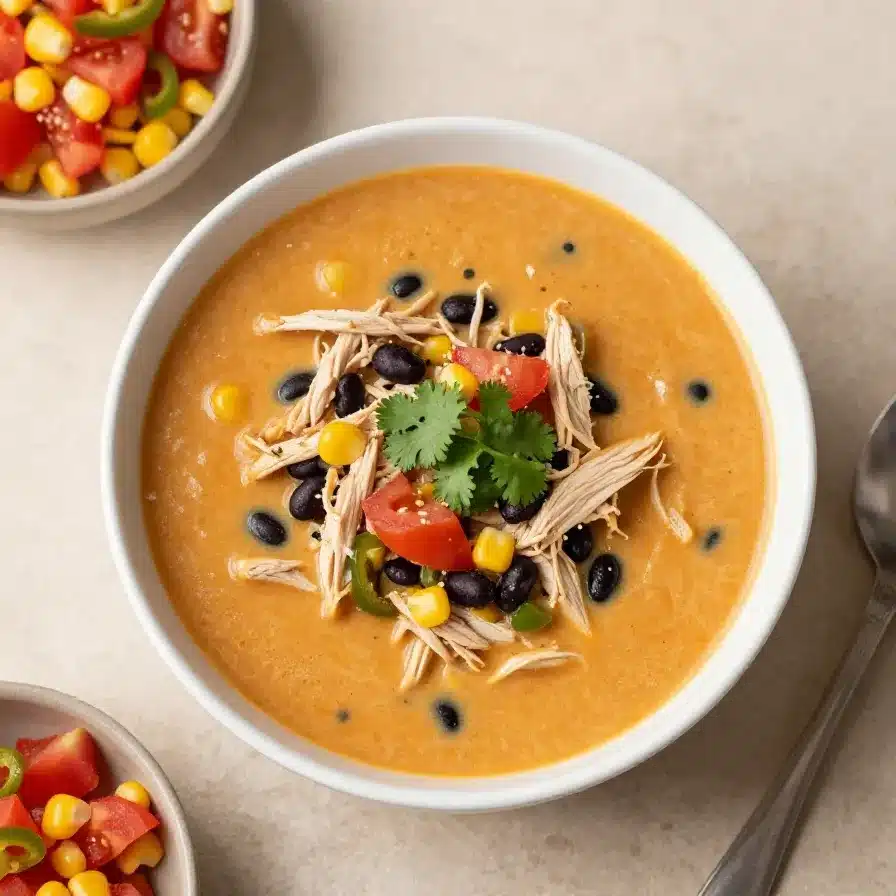 A bowl of chicken enchilada soup topped with shredded cheese, sour cream, avocado slices, and cilantro.