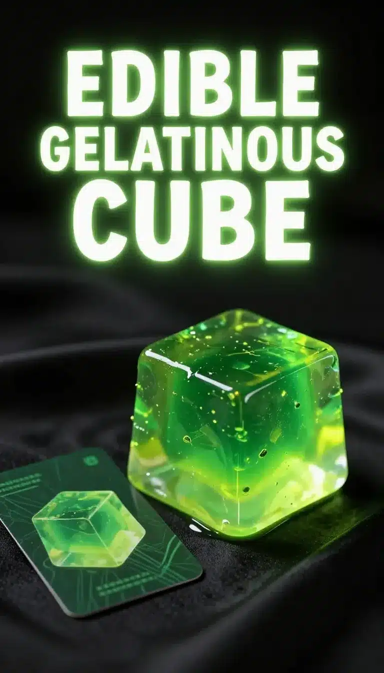 Edible Gelatinous Cube 9 A translucent edible gelatinous cube dessert with layered colors and a glossy surface on a white plate.
