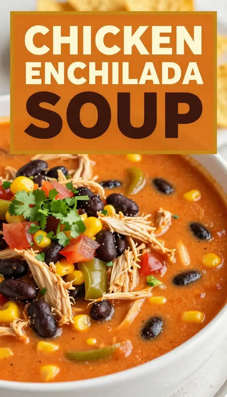 A bowl of chicken enchilada soup topped with shredded cheese, sour cream, avocado slices, and cilantro.