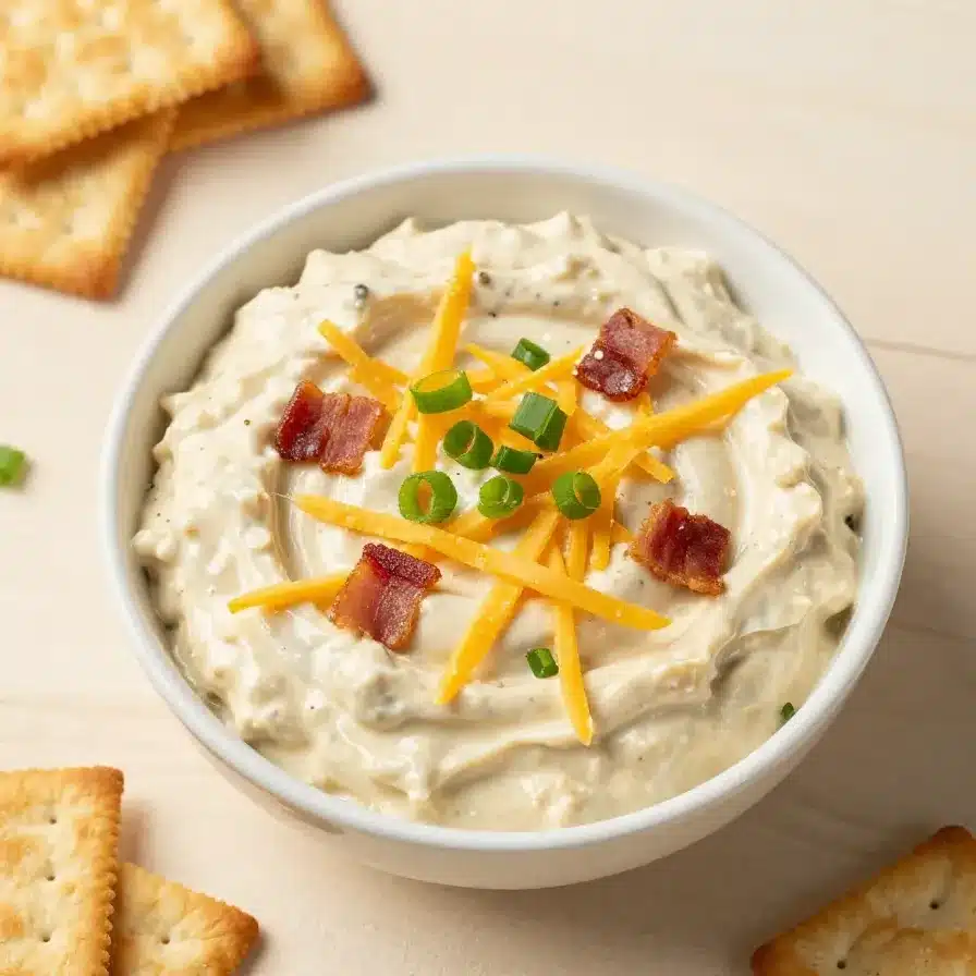 A bowl of creamy crack dip served with crackers and sliced vegetables on a wooden table.