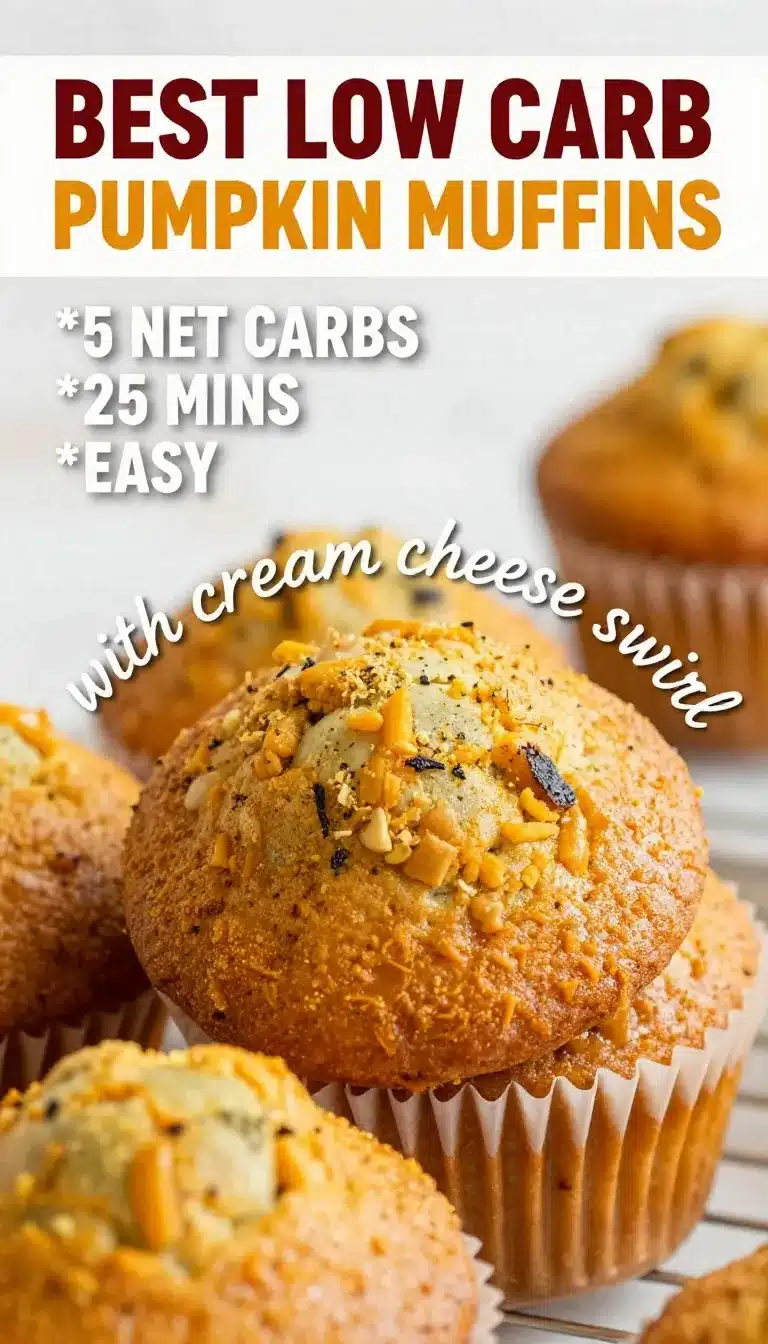 Low Carb Pumpkin Muffins With Cream Cheese Swirl 8 Low carb pumpkin muffins with a cream cheese swirl baked in a muffin tin