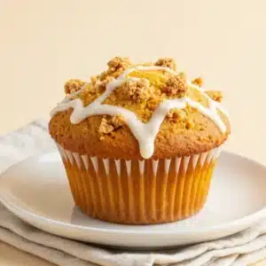 Fresh pumpkin muffins topped with white icing and cinnamon crumbs on a rustic plate