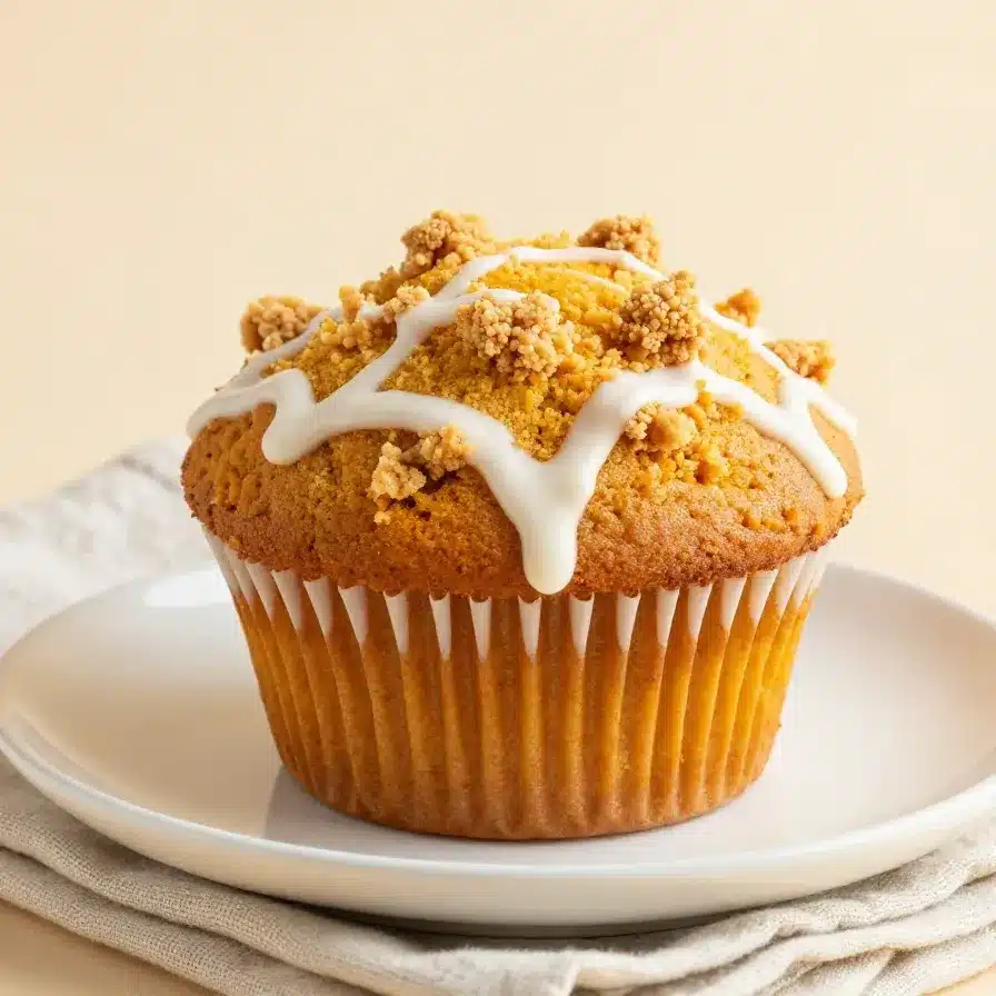 Home 98 Pumpkin Muffins with White Icing and Cinnamon Crumbs