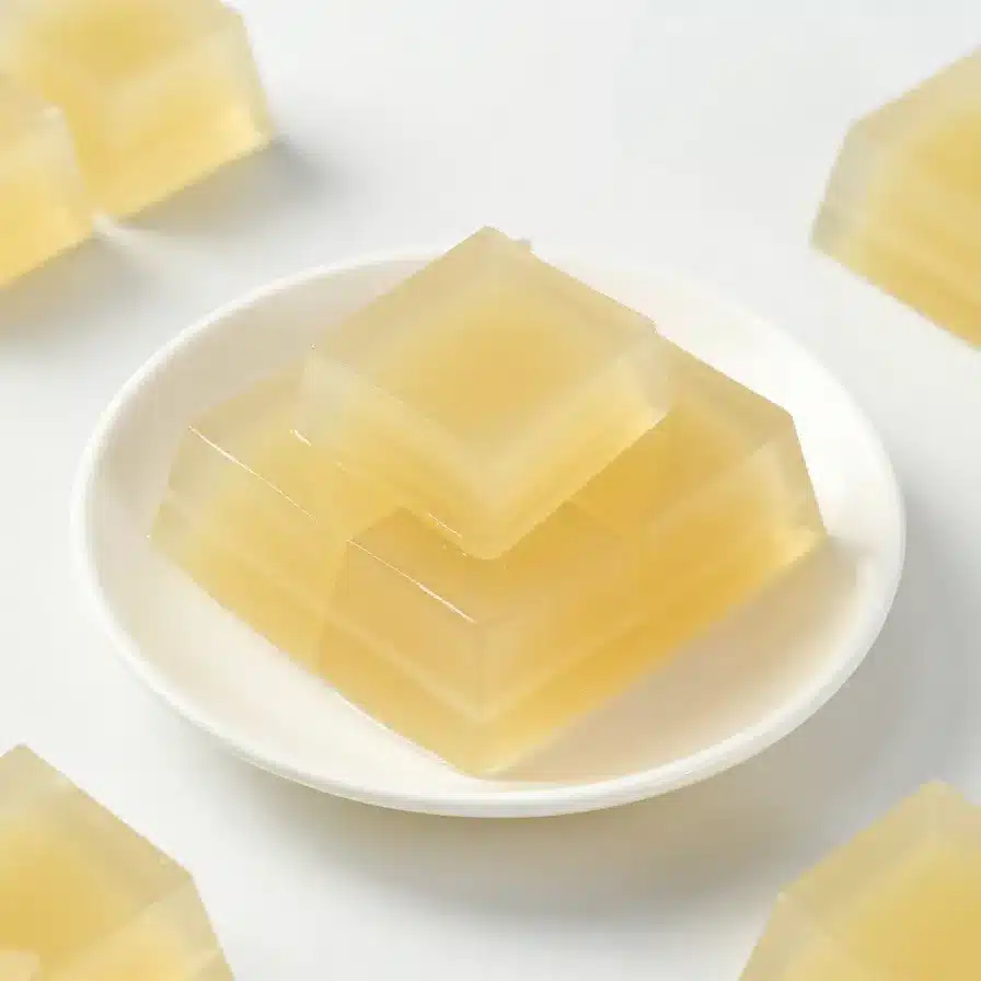 Pink gelatin cubes arranged on a white plate, suggesting a light dessert for a weight loss blog post.