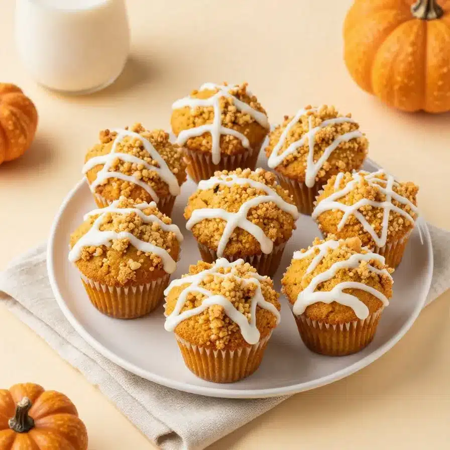 Fresh pumpkin muffins topped with white icing and cinnamon crumbs on a rustic plate