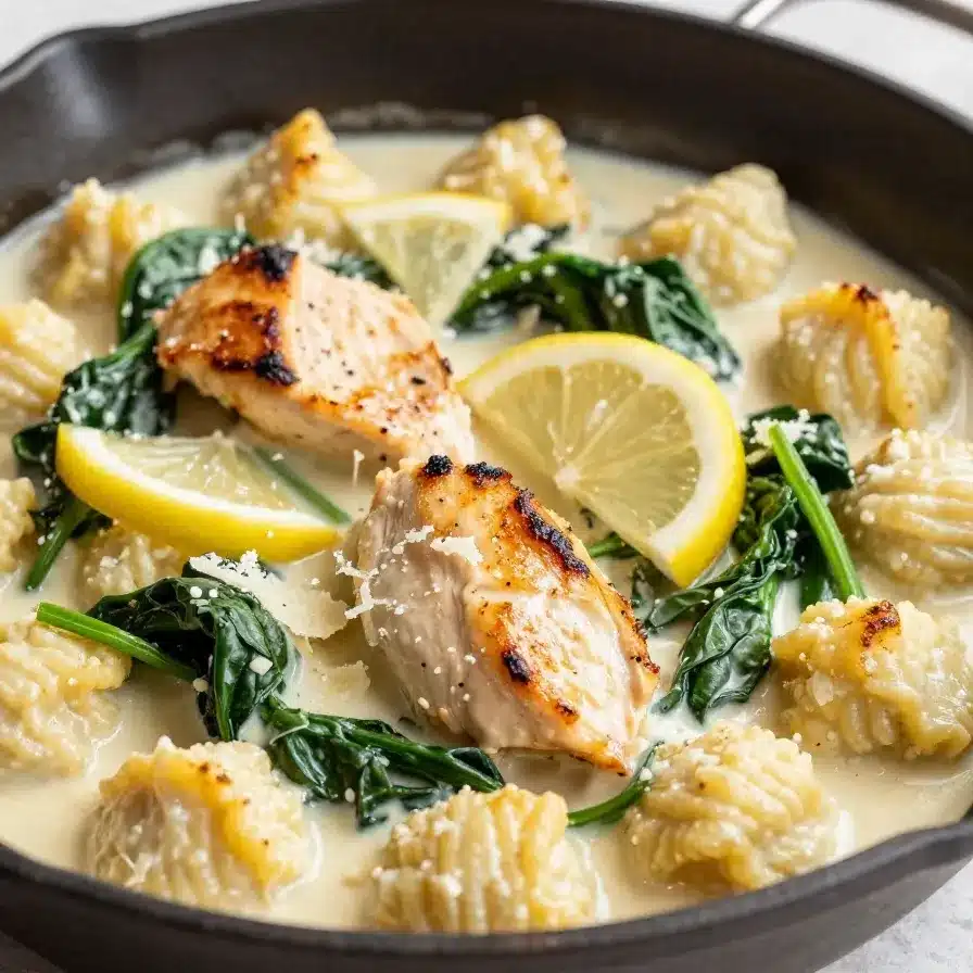 One pan lemon chicken gnocchi served in a skillet with golden chicken pieces, soft gnocchi, and a creamy lemon sauce garnished with fresh herbs.