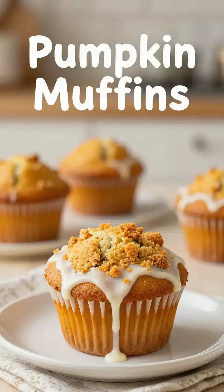 Fresh pumpkin muffins topped with white icing and cinnamon crumbs on a rustic plate