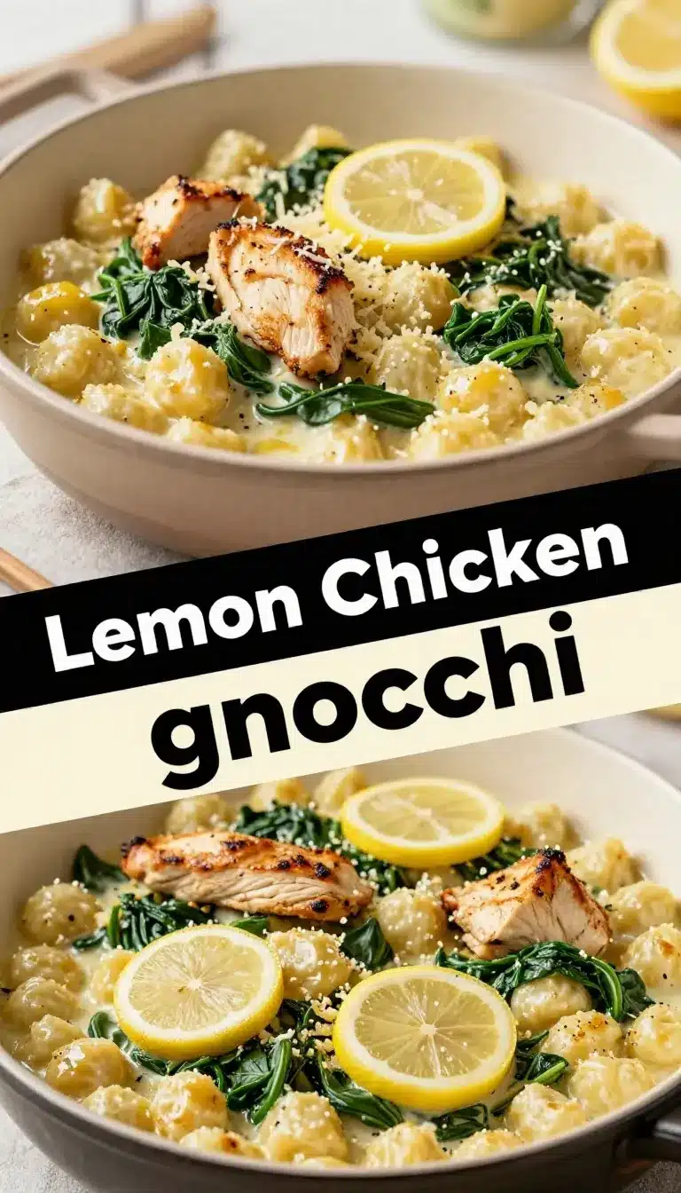 One pan lemon chicken gnocchi served in a skillet with golden chicken pieces, soft gnocchi, and a creamy lemon sauce garnished with fresh herbs.
