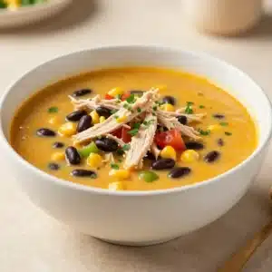 A bowl of creamy chicken enchilada soup topped with shredded cheese, cilantro, and tortilla strips.