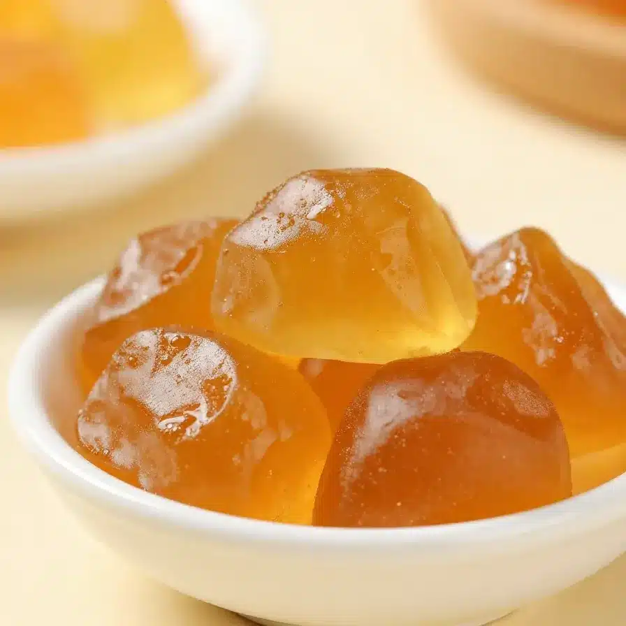 Easy Gelatin Dog Treat Recipe That's Perfect to Hide Pills 5 Homemade gelatin dog treats cut into small bite-sized shapes on a kitchen tray, ideal for hiding pills in a dog treat.