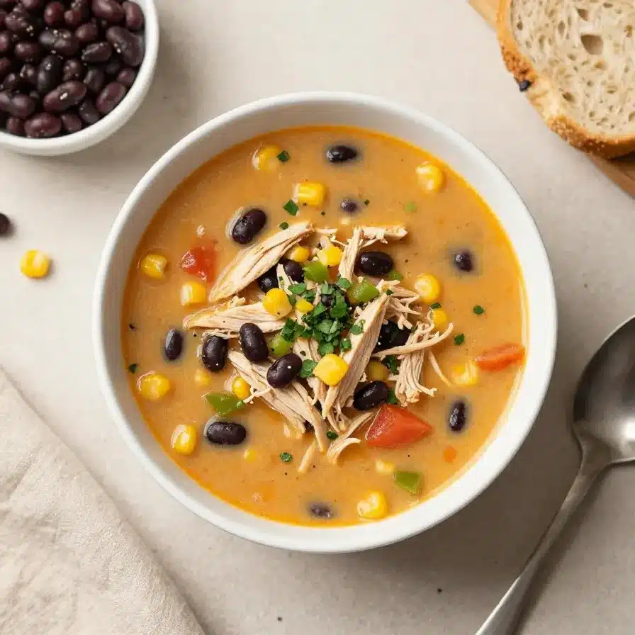 A bowl of creamy chicken enchilada soup topped with shredded cheese, cilantro, and tortilla strips.