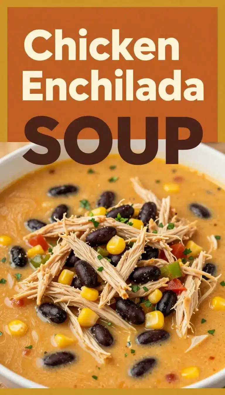 A bowl of creamy chicken enchilada soup topped with shredded cheese, cilantro, and tortilla strips.