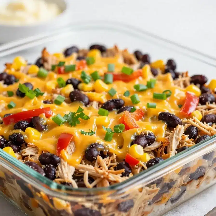 A baked chicken burrito casserole topped with melted cheese, salsa, and chopped cilantro in a casserole dish.