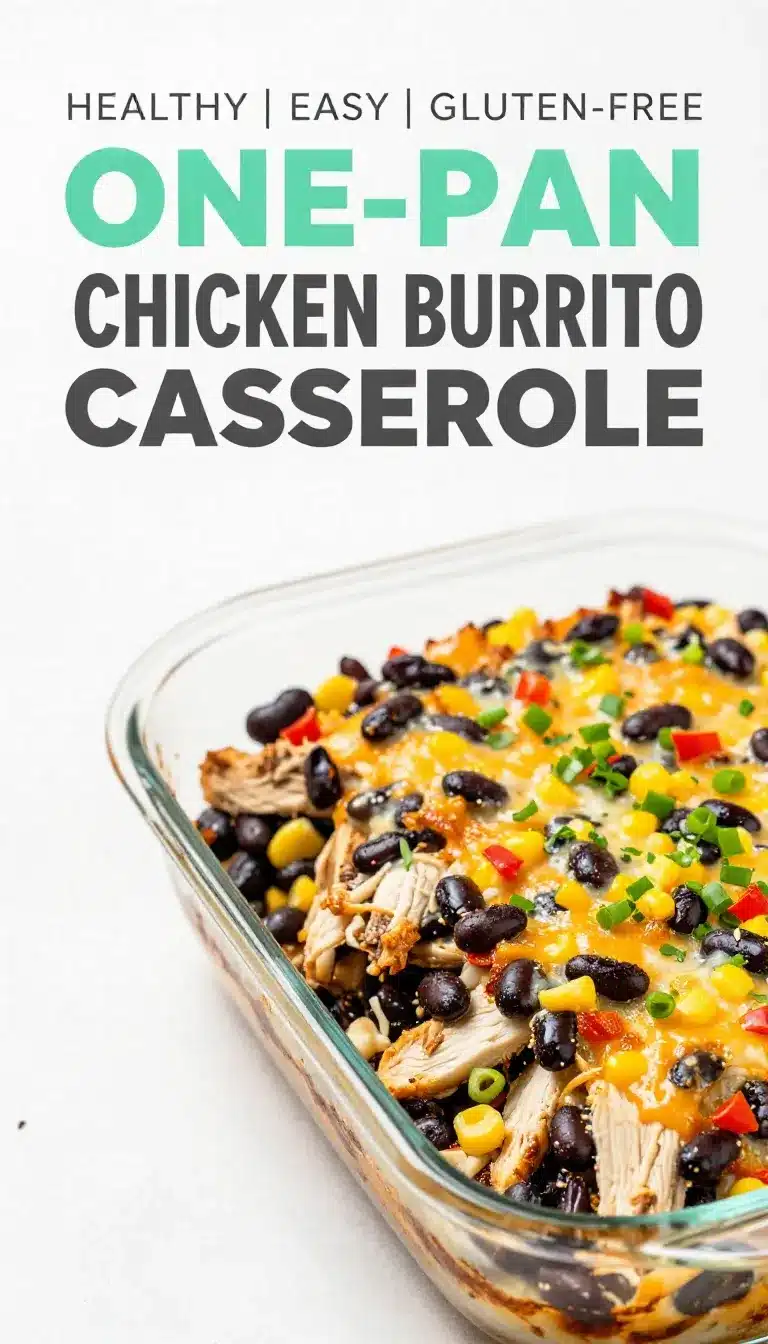 A baked chicken burrito casserole topped with melted cheese, salsa, and chopped cilantro in a casserole dish.