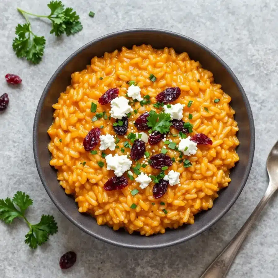 Creamy Pumpkin Risotto with Goat Cheese and Dried Cranberries