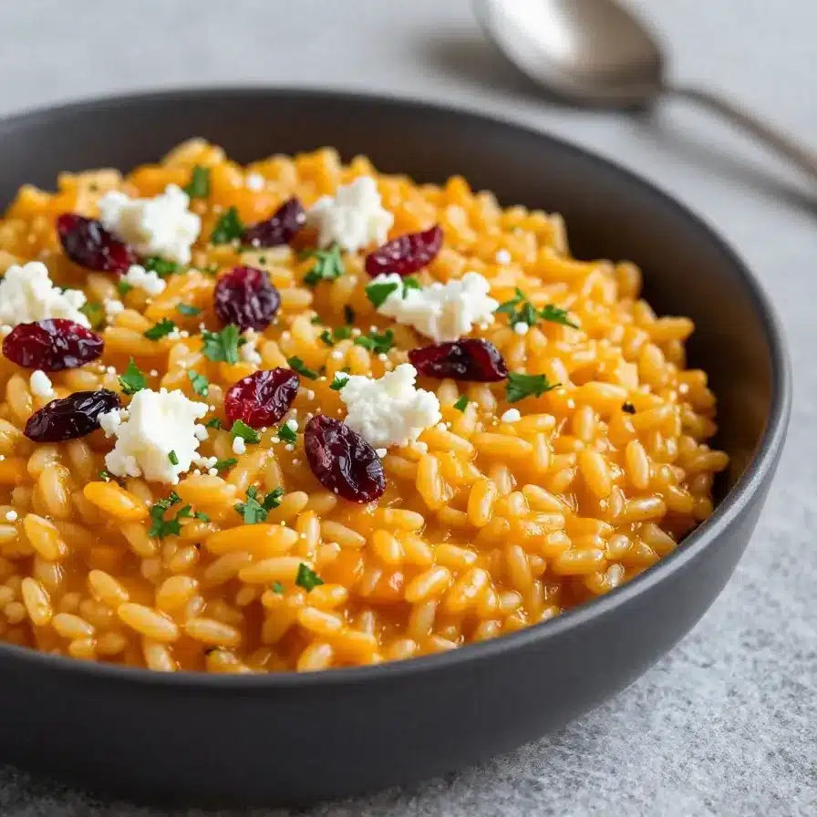 Creamy Pumpkin Risotto with Goat Cheese and Dried Cranberries 5 A bowl of creamy pumpkin risotto topped with crumbled goat cheese, dried cranberries, and fresh herbs.