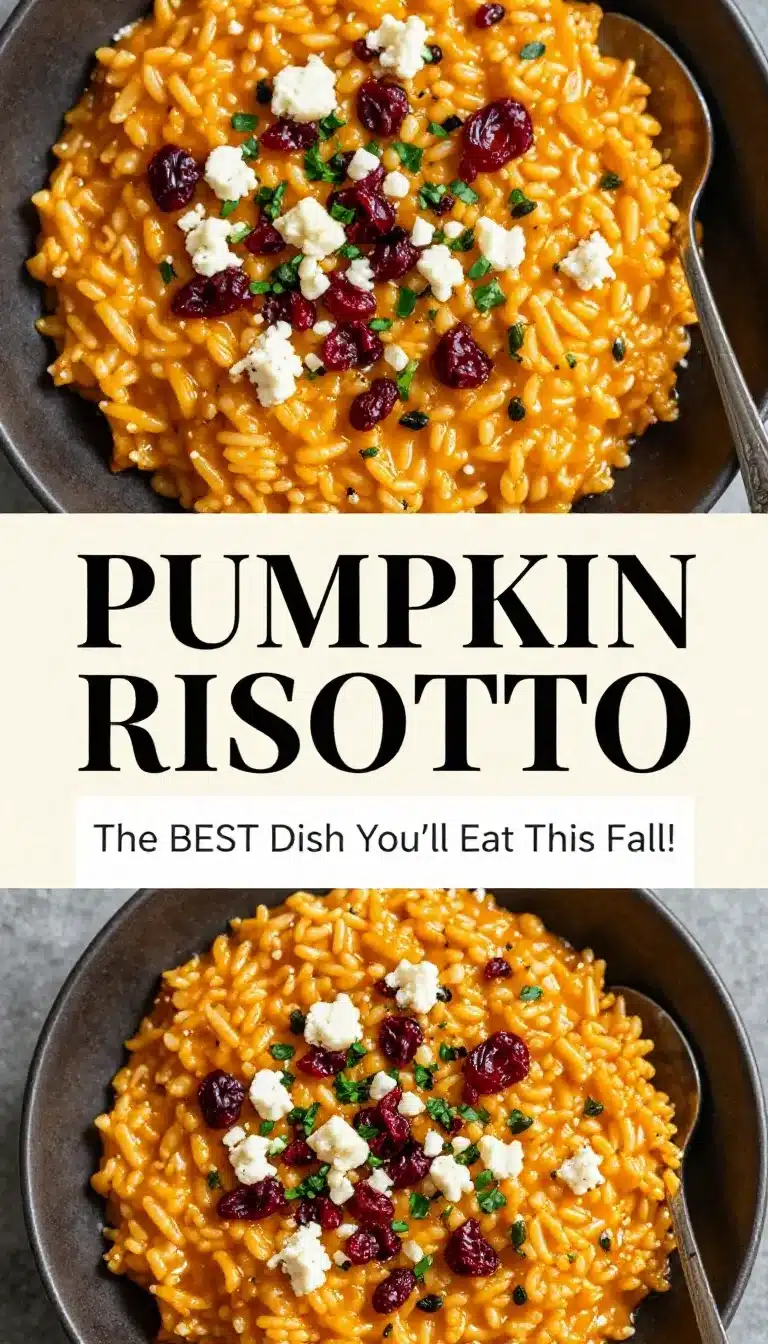 Creamy Pumpkin Risotto with Goat Cheese and Dried Cranberries 9 A bowl of creamy pumpkin risotto topped with crumbled goat cheese, dried cranberries, and fresh herbs.