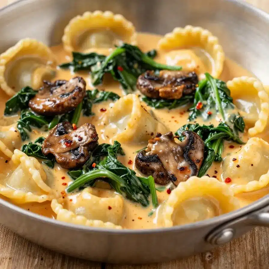 Creamy Spinach and Mushroom Gnocchi Recipe 5 A bowl of creamy spinach and mushroom gnocchi topped with herbs and Parmesan