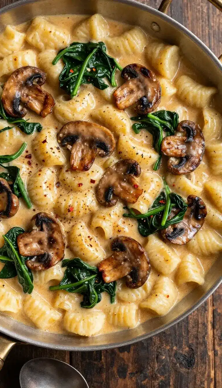 Creamy Spinach and Mushroom Gnocchi Recipe 9 A bowl of creamy spinach and mushroom gnocchi topped with herbs and Parmesan