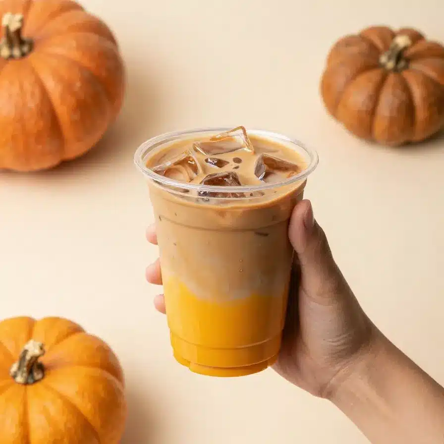 A creamy pumpkin chai latte in a clear glass topped with whipped cream and a sprinkle of cinnamon on a wooden table.