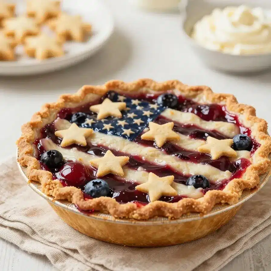 A freshly baked cherry and blueberry pie with a golden lattice crust on a cooling rack