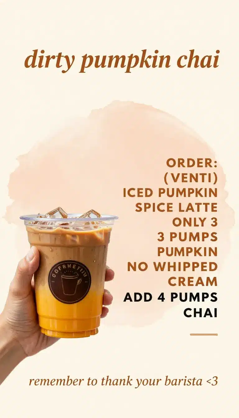 A creamy pumpkin chai latte in a clear glass topped with whipped cream and a sprinkle of cinnamon on a wooden table.