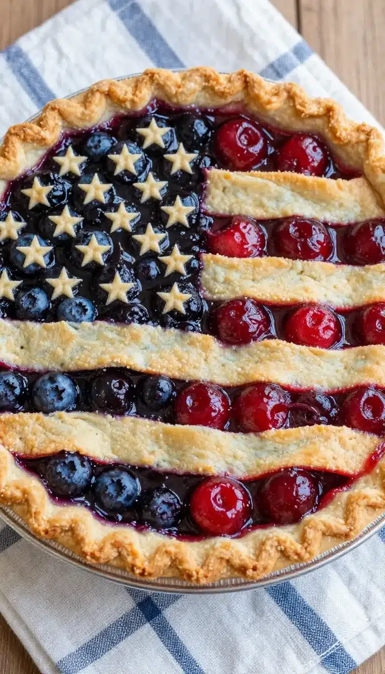 A freshly baked cherry and blueberry pie with a golden lattice crust on a cooling rack