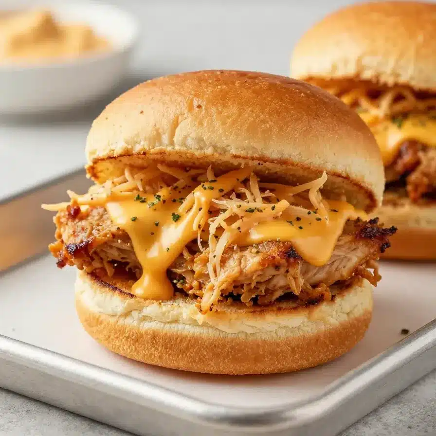 Buffalo chicken sliders stacked on a serving platter with melted cheese, toasted buns, and a side of ranch dip.