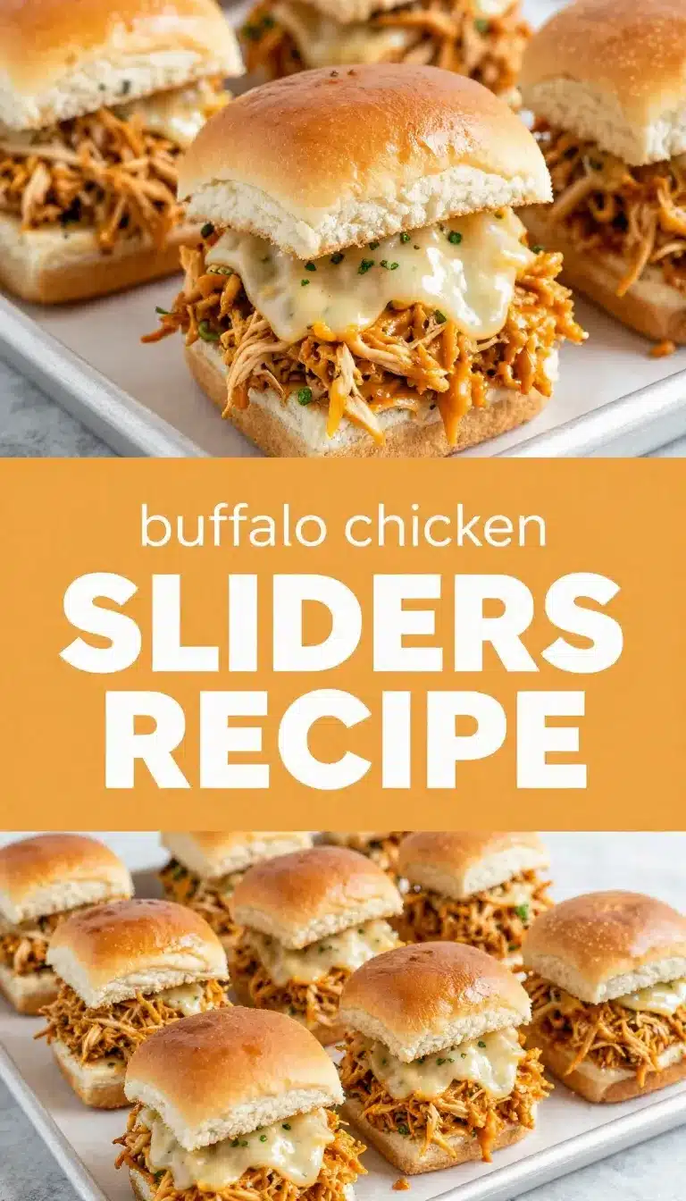 Buffalo chicken sliders stacked on a serving platter with melted cheese, toasted buns, and a side of ranch dip.