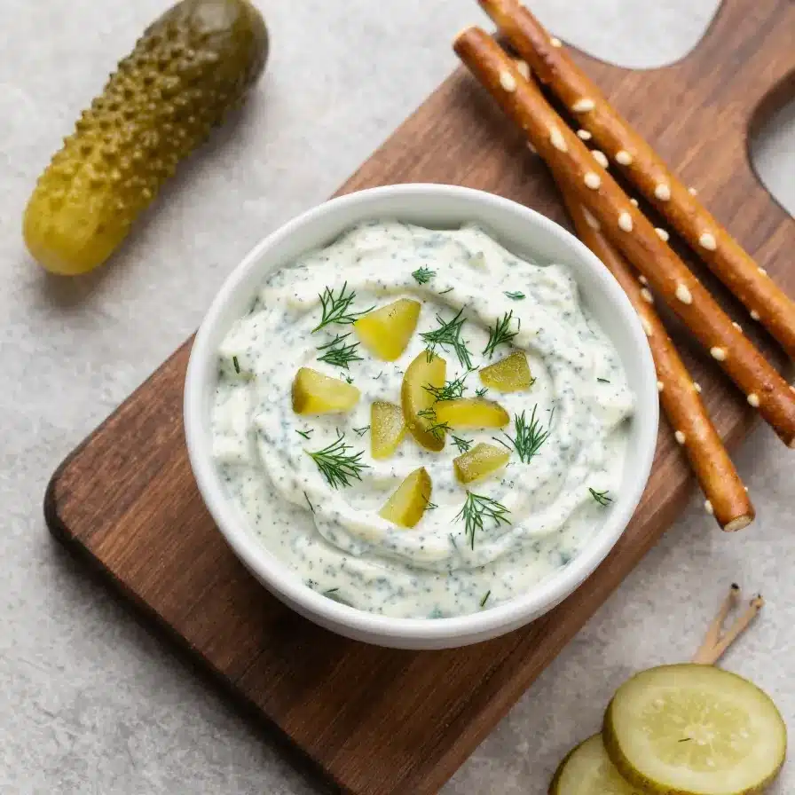 A bowl of creamy dill pickle dip garnished with chopped dill and pickle slices, served with crackers.