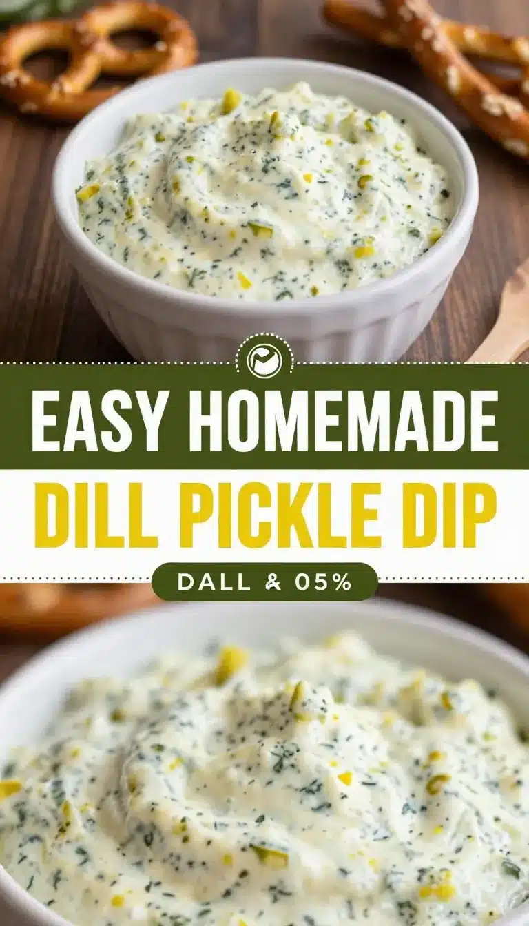 A bowl of creamy dill pickle dip garnished with chopped dill and pickle slices, served with crackers.