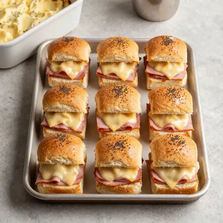 Tray of baked ham and cheese sliders with melted cheese and buttery tops