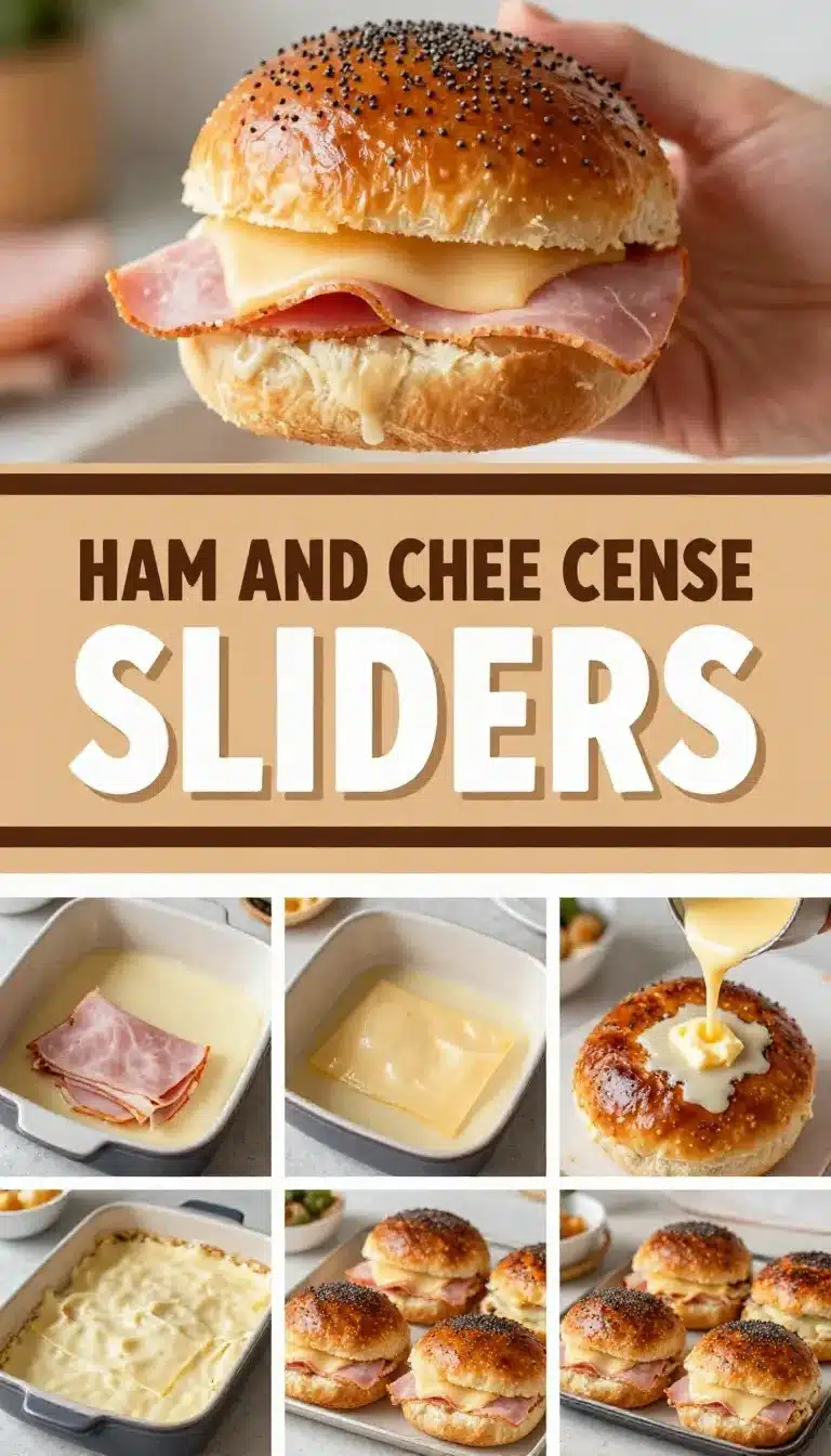 Tray of baked ham and cheese sliders with melted cheese and buttery tops