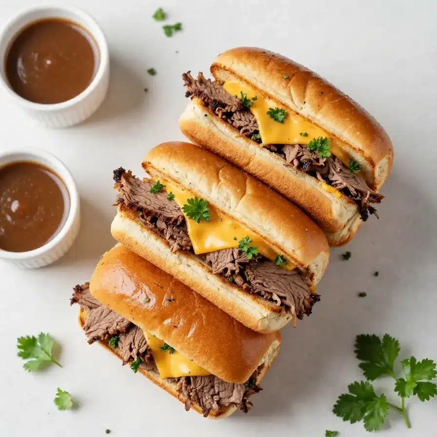 French Dip Sliders 5 Three French dip sliders on a serving tray with melted cheese and a bowl of au jus for dipping