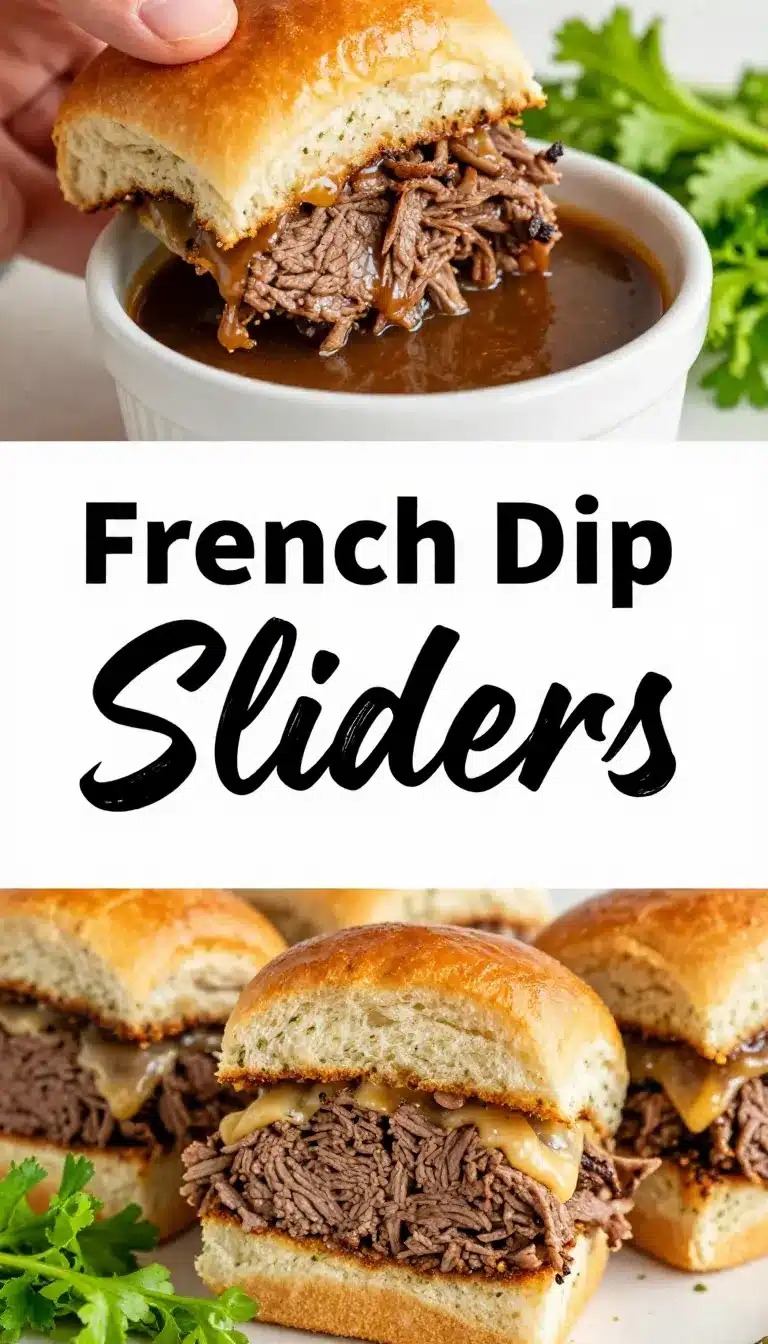French Dip Sliders 9 Three French dip sliders on a serving tray with melted cheese and a bowl of au jus for dipping