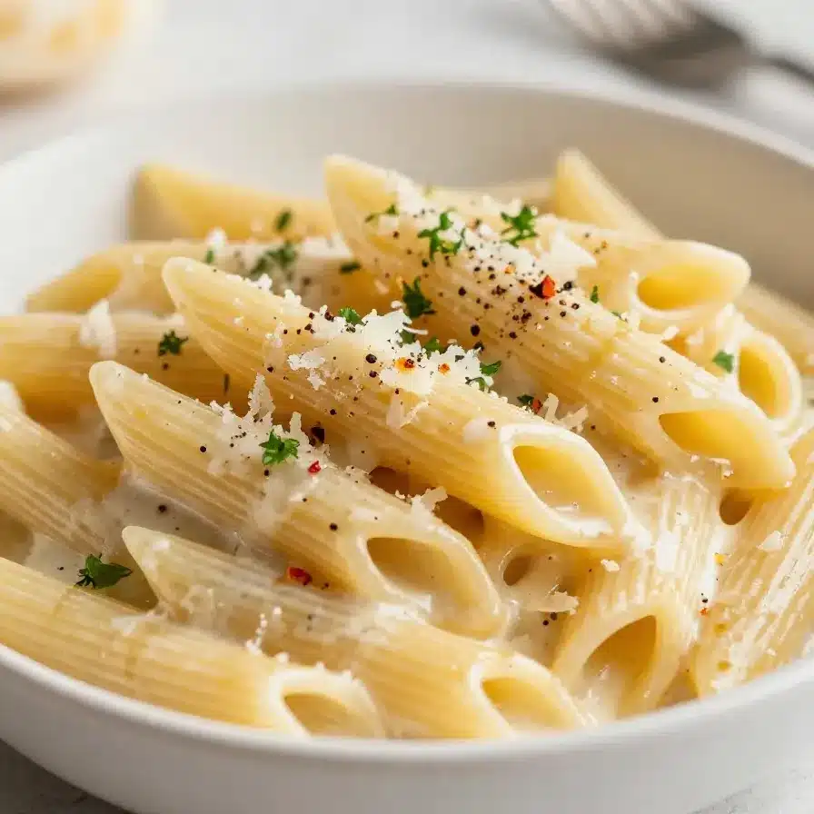 One Pot Creamy Garlic Pasta 5 A bowl of creamy one pot garlic pasta topped with parsley and grated cheese.