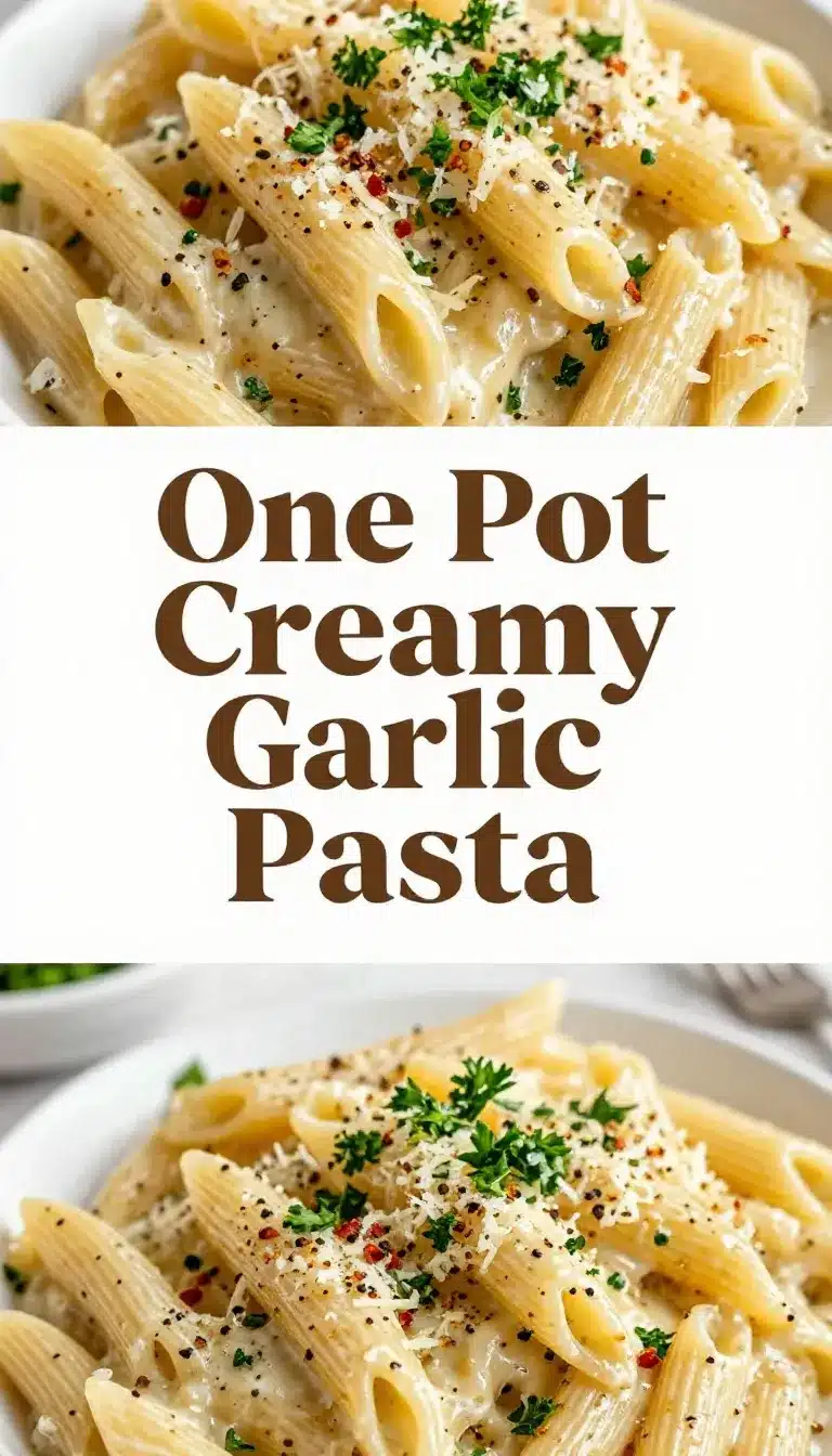 One Pot Creamy Garlic Pasta 9 A bowl of creamy one pot garlic pasta topped with parsley and grated cheese.