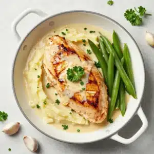 Creamy garlic chicken breasts simmering in a rich white sauce with parsley in a skillet