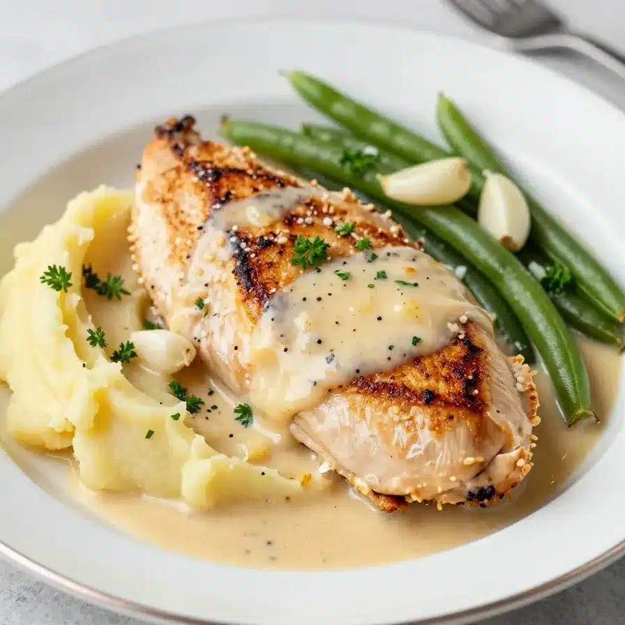 Creamy garlic chicken breasts simmering in a rich white sauce with parsley in a skillet