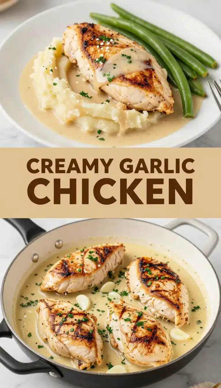 Creamy garlic chicken breasts simmering in a rich white sauce with parsley in a skillet